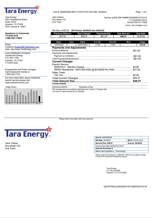 USA Texas Tara Energy utility bill template in Word and PDF format